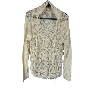 Dressbarn Ivory Crochet Hooded Sweater 14/16 Boho Open Knit Pointelle‎ Coastal